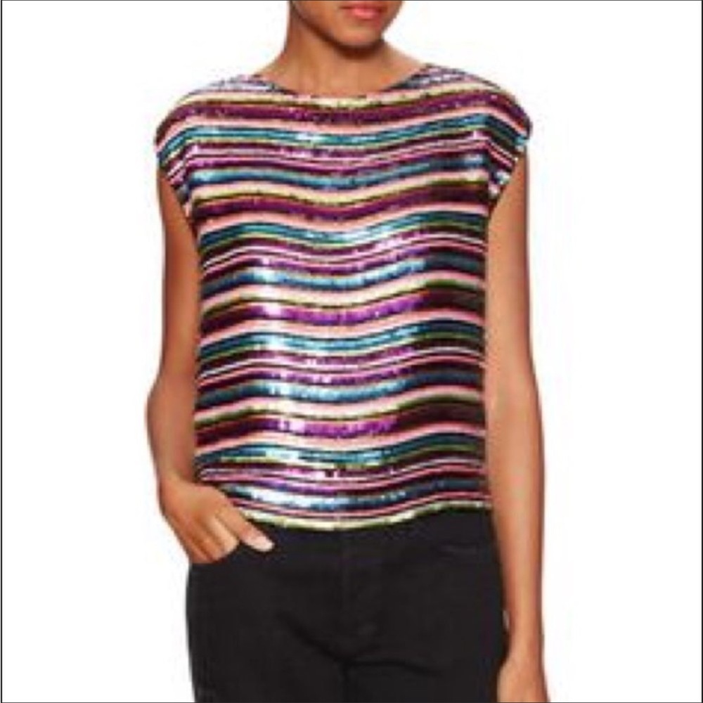 Tracy Reese Beaded Sequin Striped Top Size XS Cap Sleeve Bateau Women Viscose